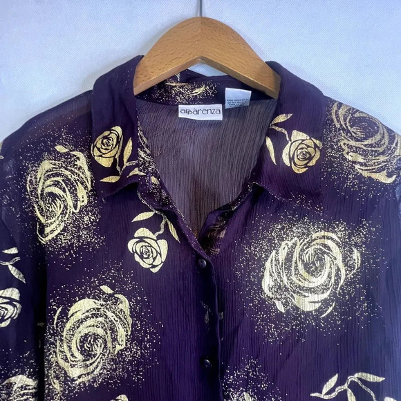 Apparenza Purple with Gold Metallic Roses Sheer Blouse Size XL - Picture 3 of 9